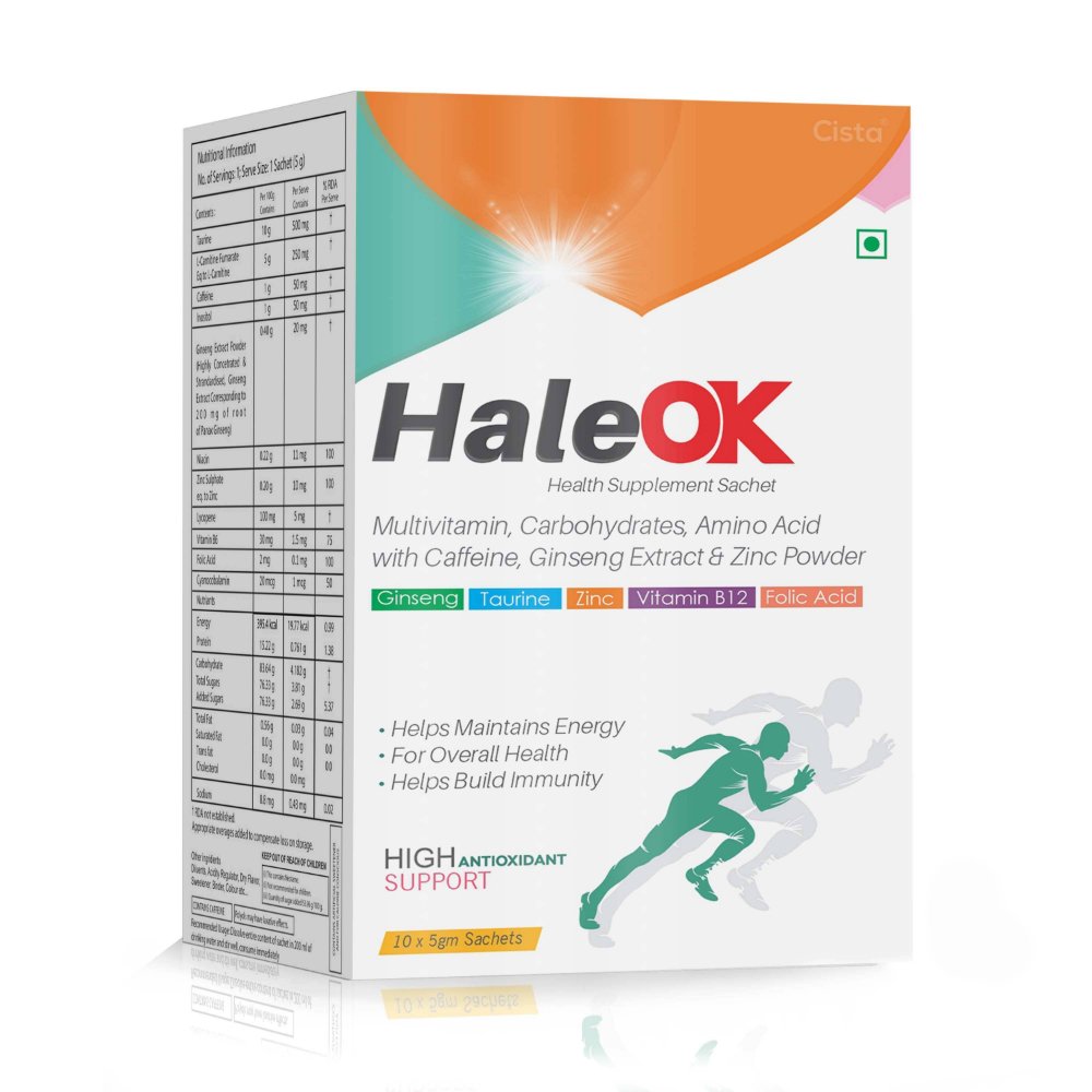 Multivitamin + Carbohydrates + Amino Acid with Caffeine, Ginseng & Zinc Powder – HALE OK Sachet, Compositions of Multivitamin + Carbohydrates + Amino Acid with Caffeine, Ginseng & Zinc Powder – HALE OK Sachet are Multivitamin,Carbohydraes, Amino Acid,with caffeine , Ginseng Extract & Zinc powder, Multivitamin + Carbohydrates + Amino Acid with Caffeine, Ginseng & Zinc Powder – HALE OK Sachet offered by CistaMedicorp