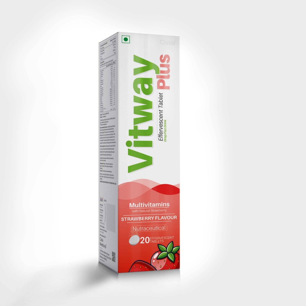 Multivitamin Effervescent Tablets (Strawberry Flavour) – VITWAY PLUS Effervescent Tablets, Compositions of Multivitamin Effervescent Tablets (Strawberry Flavour) – VITWAY PLUS Effervescent Tablets are Beta vulgaris 10mg + Vitamin C 40mg +Vitamin B3 18 mg + Vitamin E 10mg + Zinc 10mg + Magnsium 3mg + Vitamin B5 3mg + Vitamin B2 1.6 mg + DHA (Algae Source) 100mg + Vitamin B1 1.4mg + Vitamin B6 1mg + Vitamin A 600 mcg + Manganese 250 mcg + Folic Acid 100 mcg + Iodine 100 mcg + Biotin 30mcg + Copper 30mcg +Selenium 30 mcg + Chromium 25 mcg + Vitamin D3 5mcg (STRAWBERRY FLAVOUR), Multivitamin Effervescent Tablets (Strawberry Flavour) – VITWAY PLUS Effervescent Tablets offered by CistaMedicorp