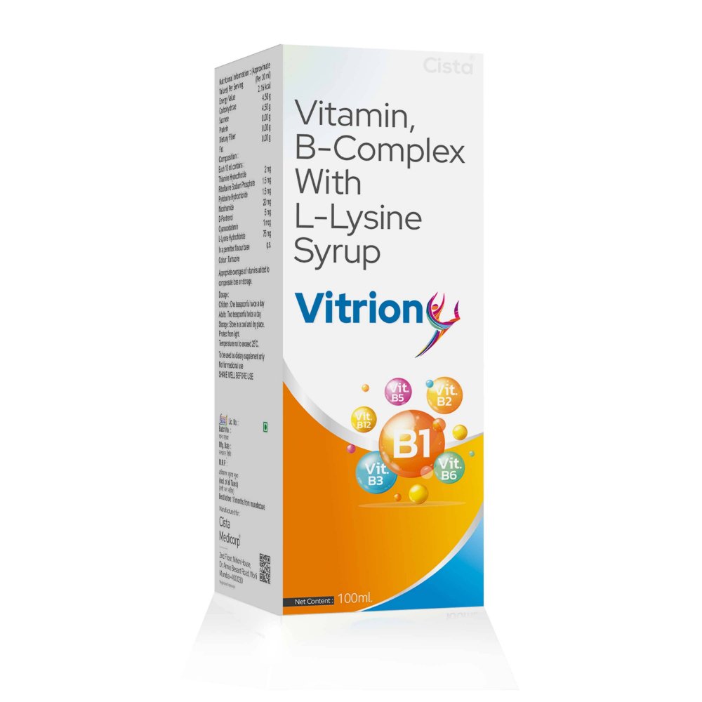 Vitamin B Complex with L-Lysine Syrup – VITRION Syrup 100 ML, Compositions of Vitamin B Complex with L-Lysine Syrup – VITRION Syrup 100 ML are Vitamin B Complex with Lysine, Vitamin B Complex with L-Lysine Syrup – VITRION Syrup 100 ML offered by CistaMedicorp