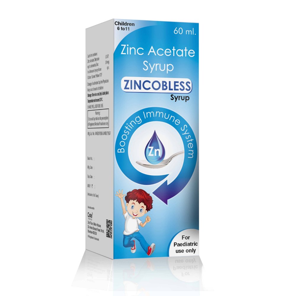 Zinc Acetate Syrup – ZINCOBLESS, Compositions of Zinc Acetate Syrup – ZINCOBLESS are Zinc Acetate Dihydrate 20mg Eq. to Element Zinc Excipients, Zinc Acetate Syrup – ZINCOBLESS offered by CistaMedicorp