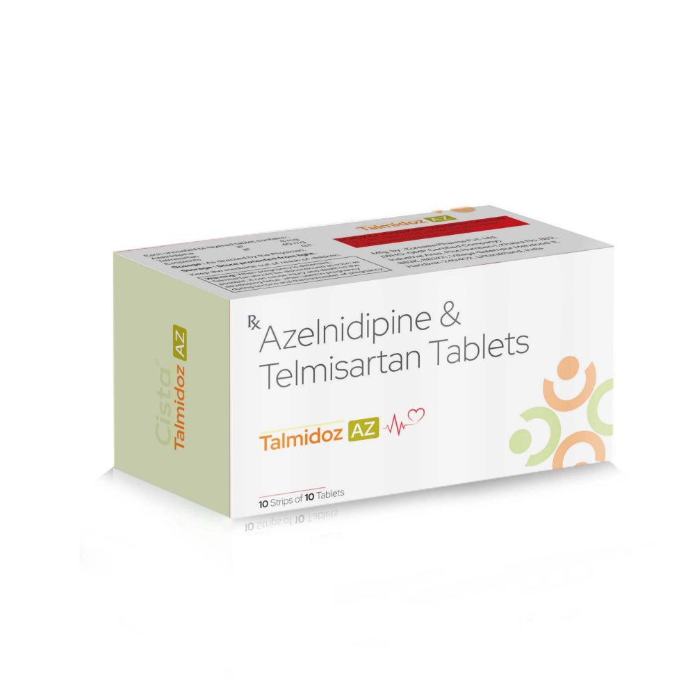 Azelnidipine & Telmisartan Tablets – TALMIDOZ-AZ, Compositions of Azelnidipine & Telmisartan Tablets – TALMIDOZ-AZ are Azelnidipine IP 8mg + Telmisartan IP 40mg, Azelnidipine & Telmisartan Tablets – TALMIDOZ-AZ offered by CistaMedicorp