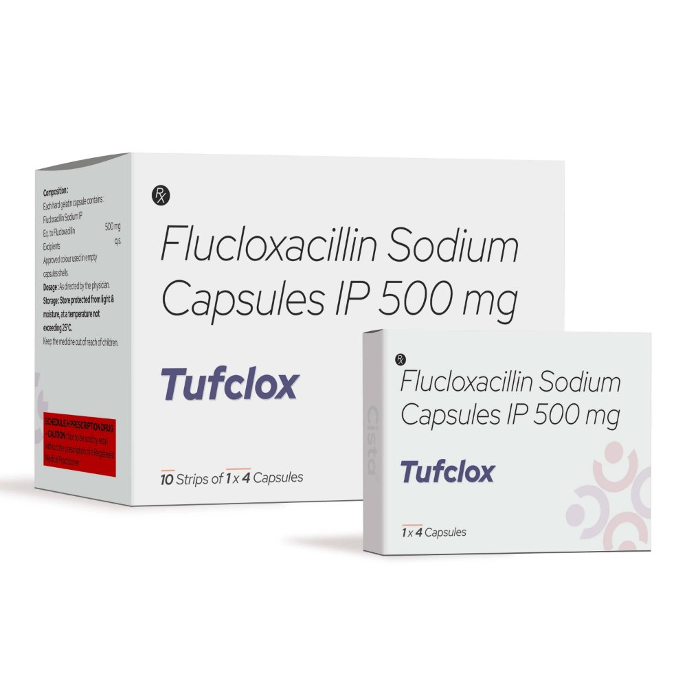 Flucloxacillin Sodium Capsules IP 500 Mg – TUFCLOX, Compositions of Flucloxacillin Sodium Capsules IP 500 Mg – TUFCLOX are Flucloxacillin 500 mg, Flucloxacillin Sodium Capsules IP 500 Mg – TUFCLOX offered by CistaMedicorp