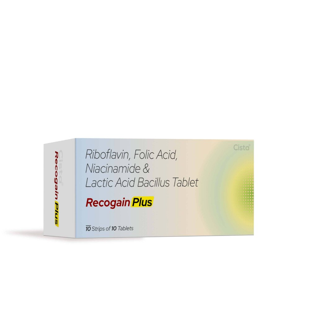 Riboflavin Folic Acid Niacinamide & Lactic Acid Bacillus Tablets – Recogain Plus, Compositions of Riboflavin Folic Acid Niacinamide & Lactic Acid Bacillus Tablets – Recogain Plus are Riboflavin 10 mg + Folic acid 1.5 mg + Niacinamide + Lactic Acid Bacillus 60 million spores, Riboflavin Folic Acid Niacinamide & Lactic Acid Bacillus Tablets – Recogain Plus offered by CistaMedicorp