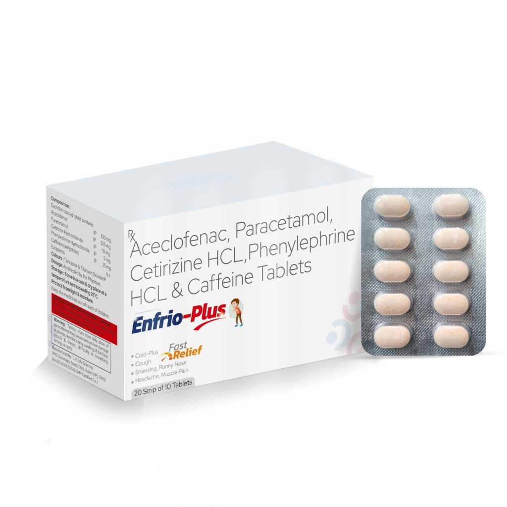 Aceclofenac 100 mg + Paracetamol 325 mg + Cetirizine 10 mg + Phenylephrine 5 mg + Caffeine 25 mg - Enfrio Plus