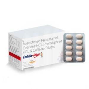 Aceclofenac 100 mg + Paracetamol 325 mg + Cetirizine 10 mg + Phenylephrine 5 mg + Caffeine 25 mg – Enfrio Plus — Aceclofenac 100 mg + Paracetamol 325 mg + Cetirizine 10 mg + Phenylephrine 5 mg + Caffeine 25 mg — Tablets