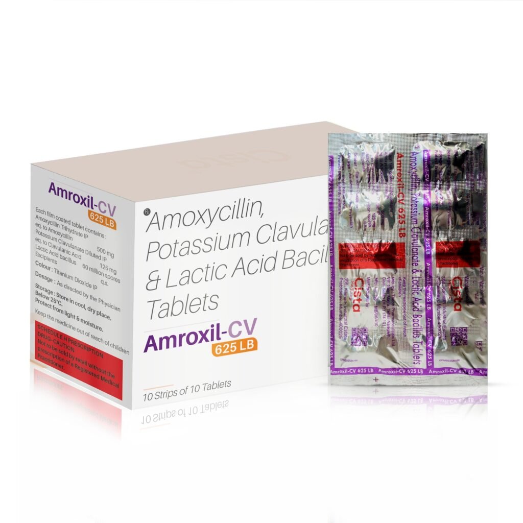 Amoxycillin 500mg + Clavulanic 125mg Lactic Acid Bacillus 60 Million Spores - Amroxil CV 625 LB