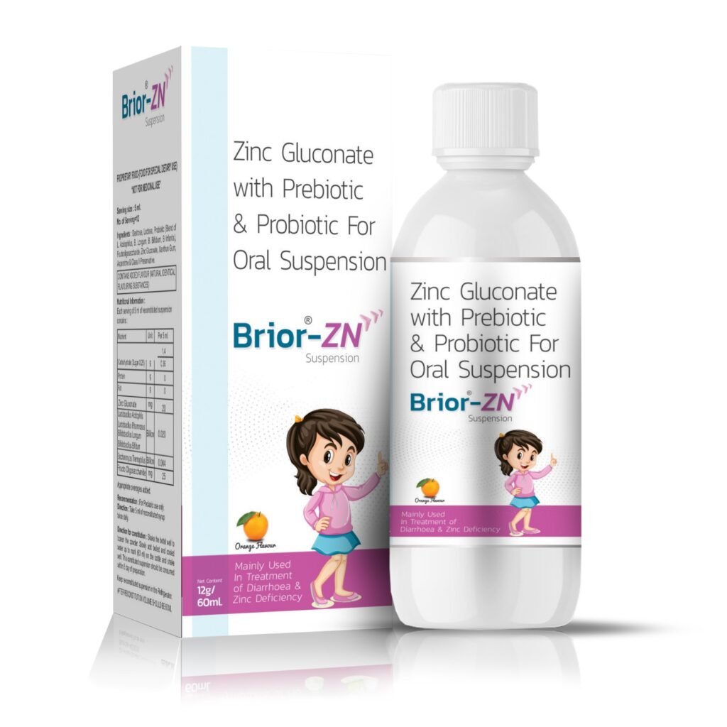 Zinc Gluconate 20mg (Lactobacillus Acidophilus Lactobacillus Rhamnosus Bifidobacillus Longum bifidobacillus Bifidum) 0.020 billion Saccharomyces Thermophillus 0.004 Billion Fructo Oligosaccharide 25mg Oral- Suspension in (Orange Flavour) - Brior ZN