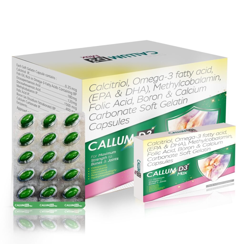 Calcitriol 0.25 mcg + Methylcobalamin 1500 mcg + Folic Acid 400 mcg + Boron (As Disodium Tetraborate) 1.5 mg + Calcium Carbonate 500 mg + Fish Oil, Rich in Omega 3 Acids - Eicosapentaenoic Acid (EPA) 180 mg + Docosahexaenoic Acid (DHA) 120mg - Callum-D3 Max
