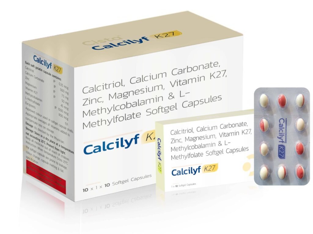 Calcium Carbonate 500mg+Methylcobalamin 1500 mcg+ Calcitriol 0.25mcg+Zinc 7.5mg vitamin k27 45mcg+L- Methyl folate 800 mcg + Magnesium 50 mg - Calcilyf-K27 (In Drug)