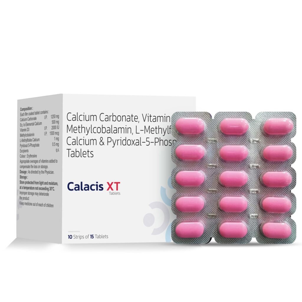 Calcium Carbonate IP 1250 eq. To Elemental Calcium 500 mg, Vitamin D3 2000 I.U, Methylcobalamin 1500 mcg, L-Methylfolate Calcium 1 mg, Pyridoxal-5 Phosphate 0.5 mg - Calacis XT
