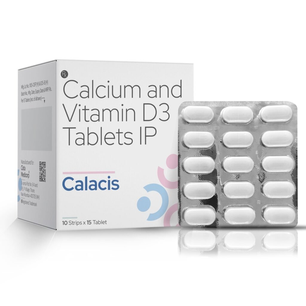 Calcium carbonate 1250 mg, Elemental calcium 500 mg, Vitamin D3 250 IU. - Calacis