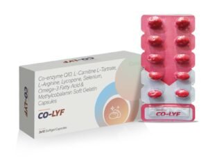 Co-enzyme Q10 USP 100 mg + Methylcobalamin IP 1500 mcg + L-Carnitine L-tartrate 50 mg + L-Arginine USP 100 mg + Lycopene 6% USP 4000mcg +Selenium Dioxide IP 100 mcg + Omega-3 fatty acids BP 150 mg-Co – Lyf — Co-enzyme Q10 USP 100 mg + Methylcobalamin IP 1500 mcg + L-Carnitine L-tartrate 50 mg + L-Arginine USP 100 mg + Lycopene 6% USP 4000 mcg + Selenium Dioxide IP 100 mcg + Omega-3 fatty acids BP 150 mg — Soft gelatin capsules