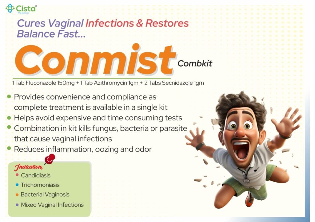 Combikit of 1 Tab Fluconazole 150mg + 1 Tab Azithromycin 1gm + 2 Tabs Secnidazole 1gm - Conmist