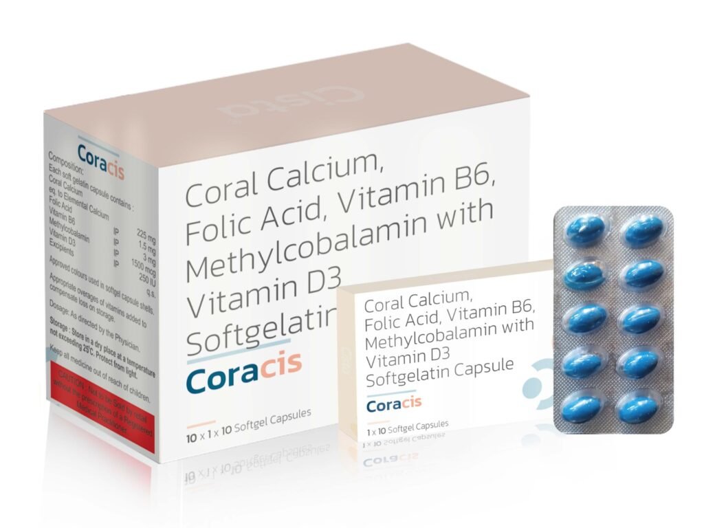 Coral Calcium 500 mg + Methylcobalamin 1500 mcg + Pyridoxine 5 + Vitamin D3 1000 IU + L- Methyl folate 1mg - Coracis (In Drug)