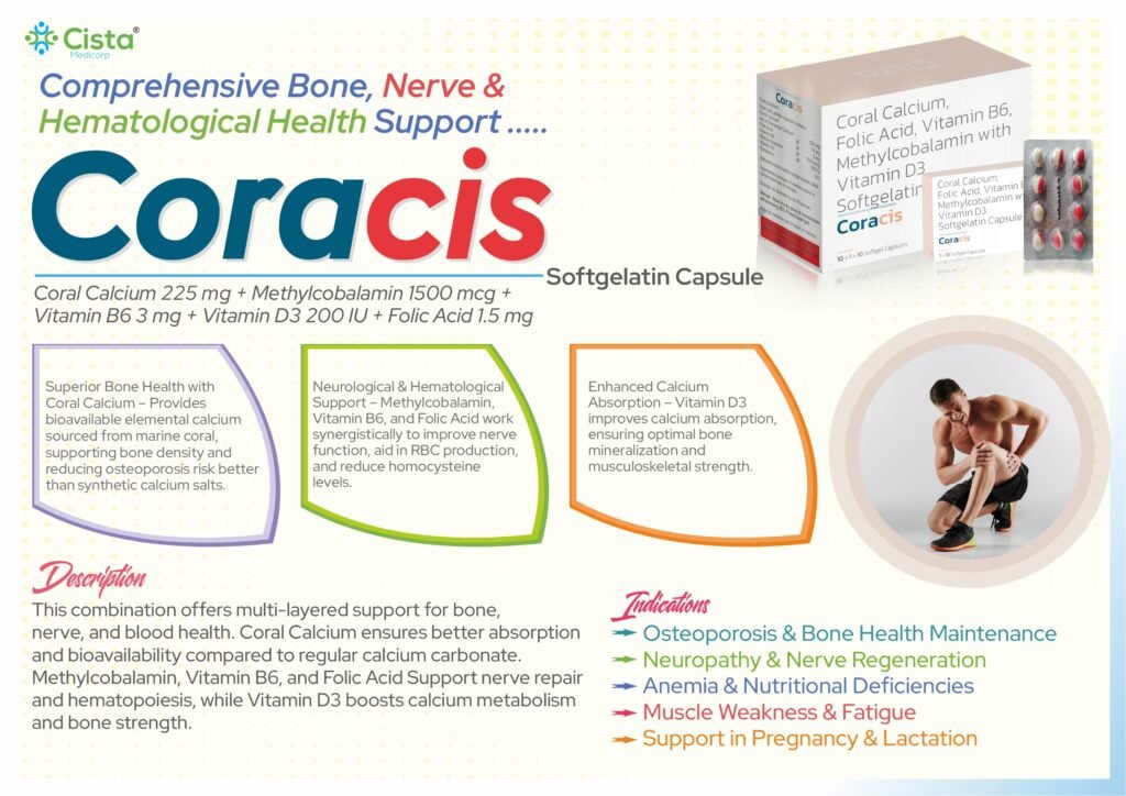 Coral Calcium 500 mg + Methycobalamin 1500 mcg + Pyridoxil 5 + Vitamin D3 1000 IU + L- Methyl folate 1mg - Coracis