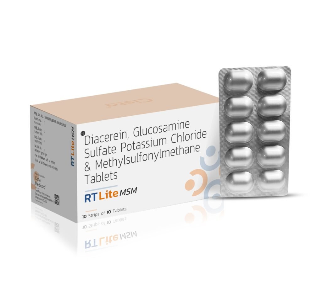 Diacerein IP 50 mg + Methylsulfonyl Methane USP 250 mg + Glucosamine Hydrochloride USP 750mg - RT Lite MSM