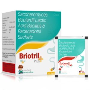 Each Sachet contains: Saccharomyces Boulardii 2.5 billion spores Lactic acid bacillus 100 million spores Racecadotril IP 10 mg (Orange Flavour) – Briotril Plus — Each Sachet contains: Saccharomyces Boulardii 2.5 billion spores Lactic acid bacillus 100 million spores Racecadotril IP 10 mg (Orange Flavour) — Sachet