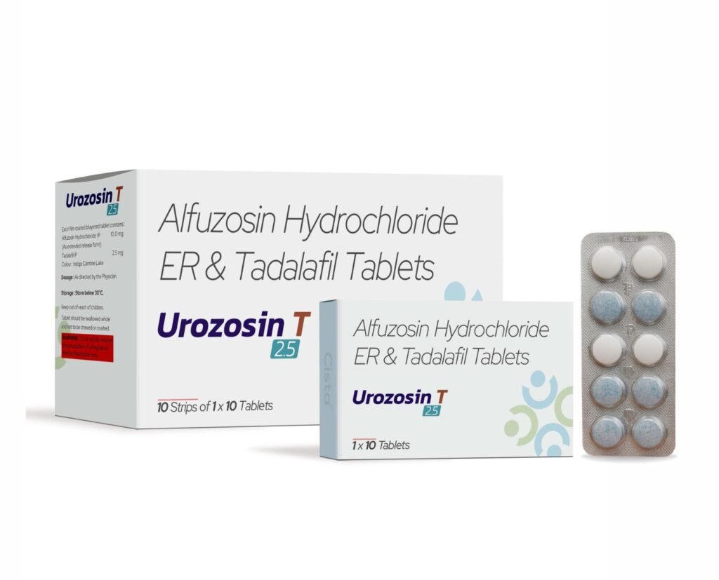 Each film coated bilayered tablet contains: Alfuzosin Hydrochloride IP 10.0 mg (As extended release form) Tadalafil IP 2.5 mg - Urozosin T 2.5
