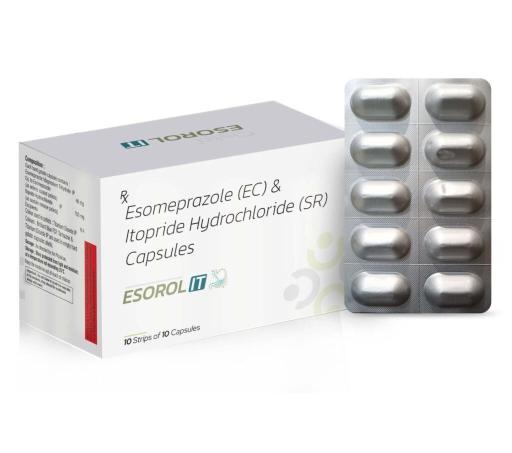 Each hard gelatin capsule contains : Esomeprazole Magnesium Trihydrate IP Eq. to Esomeprazole (as enteric coated pellets) 40 mg Itopride Hydrochloride (as sustain release pellets) IP 150 mg - Esorol-IT