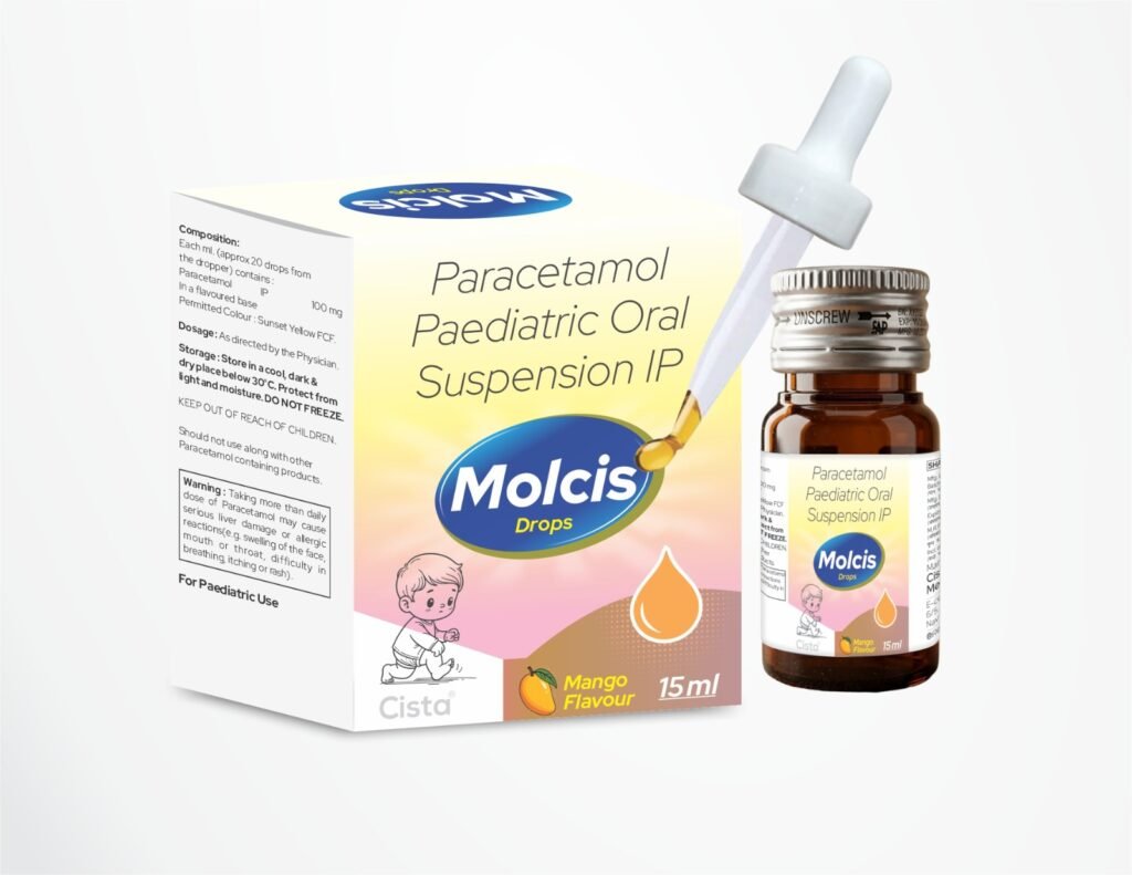 Each ml (approx 20 drops) contains : Paracetamol IP 100 mg (Mango Flavour) - Molcis