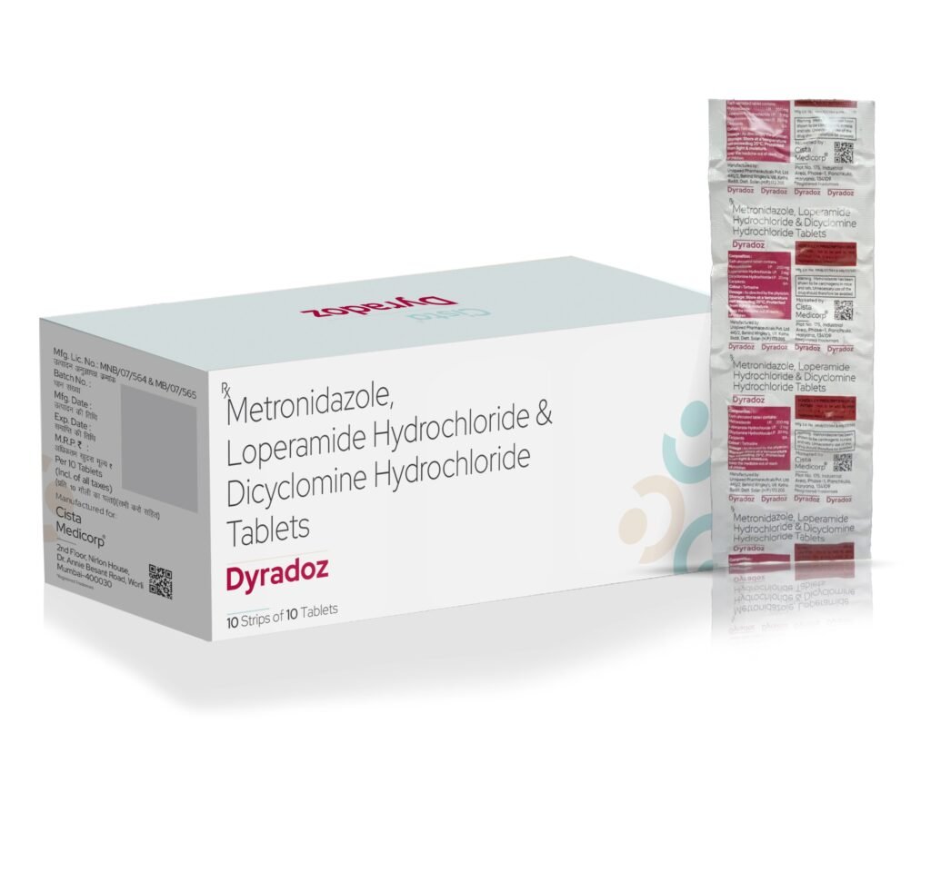 Each uncoated tablet contains : Metronidazole IP 200mg + Loperamide HCL IP 2mg + Dicyclomine HCL IP 20mg - Dyradoz