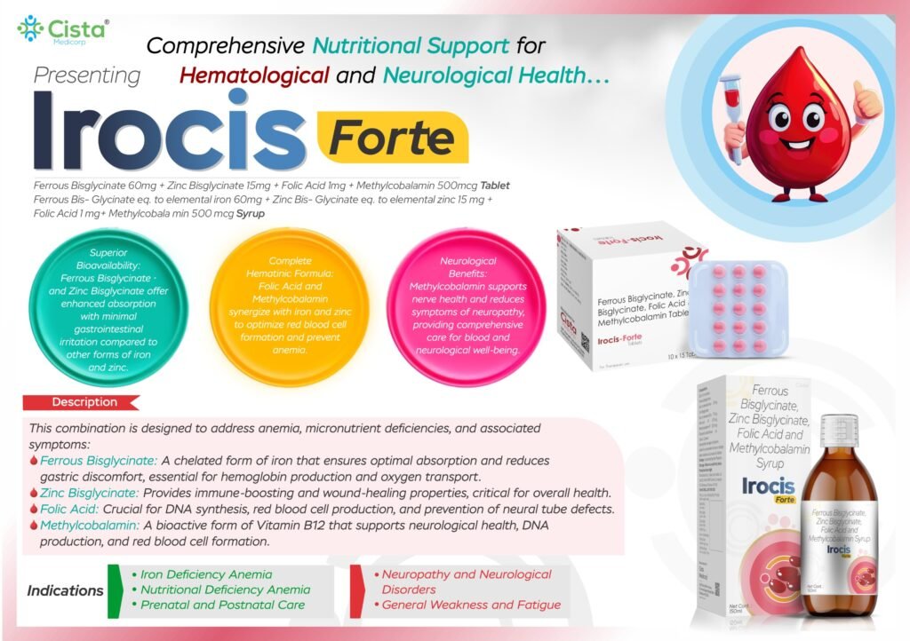 Ferrous Bis- Glycinate eq. to elemental iron 60mg + Zinc Bis- Glycinate eq. to elemental zinc 15 mg + Folic Acid 1 mg+ Methylcobala min 500 mcg - Irocis-Forte