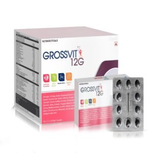 Omega 3 fatty acid+Ecosapenta noic acid 90mg+Docosape ntanoic acid 60mg+Green Tea Extract 10mg+Ginseng 42.5mg+Gingko Biloba 10mg+Grape seed extract 15mg+Lactic acid bacillus 500 lacs+Citrus Bioflavonoids (8mg) 20mg Natural Mixed Carotenoids 10% 11.33 mg+Vitamin D3 200 iu+Wheat Germ Oil(in powder form) 25mg+Menadio ne Bisulphate (Vitamin K 25mg) 10mcg Benfotiamine 1.5mg+Vitamin B6 1mg+Vitamin B12 1mg+Niacinami de 20mg+Calcium ascorbate 45mg+Folic Acid 150mcg+D- Biotin 100mcg+Choline Bitartrate 25mg Lutien 250mcg+Dibasic Calcium Phosphate Equ to elememental calcium 20mg+Equ to elemental phosphorus 15.45mg Ferrous fumarate 30mg+Zinc Oxide equ. to elemental zinc 15 mg+Potassium Iodide equ to elemental Iodine 150 mcg – Grossvit 12G — Omega 3 fatty acid + Eicosapentaenoic acid 90 mg + Docosapentaenoic acid 60 mg + Green Tea Extract 10 mg + Ginseng 42.5 mg + Gingko Biloba 10 mg + Grape seed extract 15 mg + Lactic acid bacillus 500 lacs + Citrus Bioflavonoids (8 mg) 20 mg Natural Mixed Carotenoids 10% 11.33 mg + Vitamin D3 200 IU + Wheat Germ Oil(in powder form) 25 mg + Menadio ne Bisulphate (Vitamin K 25 mg) 10 mcg Benfotiamine 1.5 mg + Vitamin B6 1 mg + Vitamin B12 1 mg + Niacinami de 20 mg + Calcium ascorbate 45 mg + Folic Acid 150 mcg + D- Biotin 100 mcg + Choline Bitartrate 25 mg Lutien 250 mcg + Dibasic Calcium Phosphate Equ to elememental calcium 20 mg + Equ to elemental phosphorus 15.45 mg Ferrous fumarate 30 mg + Zinc Oxide equ. to elemental zinc 15 mg + Potassium Iodide equ to elemental Iodine 150 mcg — Soft gelatin capsules