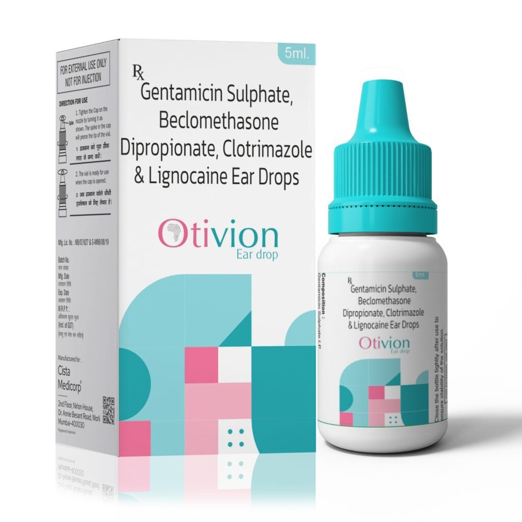 Gentamicin 0.3%, Clotrimazole 1%, Lignocaine HCl 2%. + Beclomethasone Dipropionate 0.025% Ear Drops - Otivion