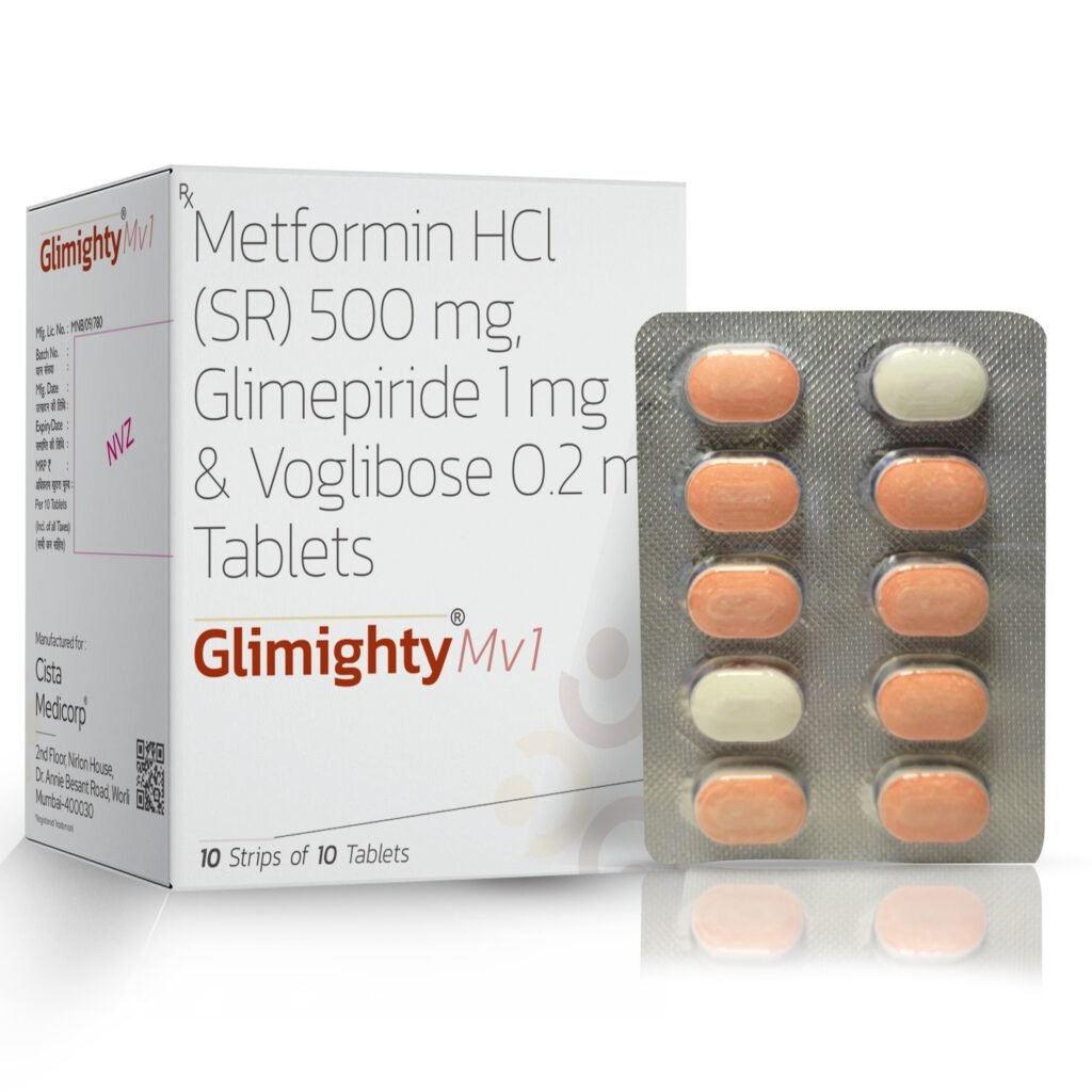 Glimepiride 1mg + Metformin 500 mg + Voglibose 0.2 mg (Bilayered Tab) - Glimighty-MV1
