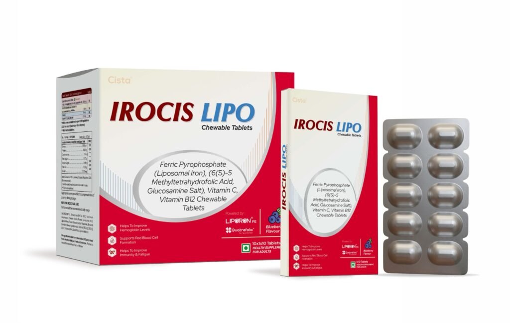 Quatrefolic equivalent to Folate Quatrefolic x((6S)-5-Methyltetrahydrofolic acid, glucosamine salt ) 220 mcg Ferric Pyrophosphate as Liposomal Iron eq. to elemental Iron LIPORON FE 29 mg Vitamin C 65 mg Vitamin B12 (Cyanocobalamin) 2.2 mcg Chewable Tab - Irocis Lipo (Blueberry Flavour)