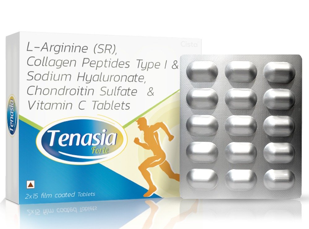 L-Arginine 500mg (SR), Collagen Peptide Type I & III 40mg , Sodium Hyaluronate 30mg , Chondroitin Sulfate Sodium 200mg & Vitamin C 12.5mg - Tenasia-Forte