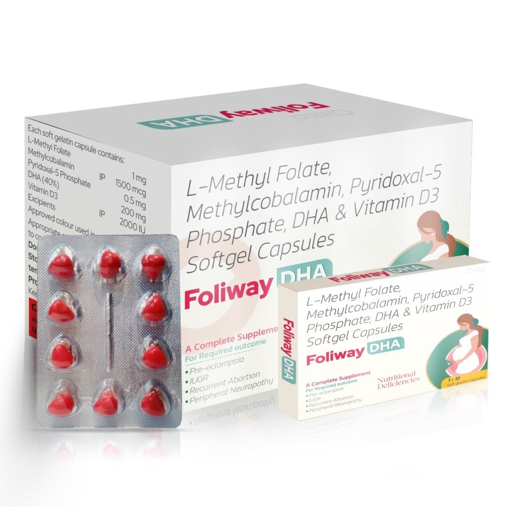 L-Methylfolate 1 mg + Docosahexaen oic Acid (DHA) 40 % 200 mg + Pyridoxal-5 Phosphate 0.5 mg+ Methylcobala min 1500 mcg + Vitamin D3 2000 IUExcipients q.s - Foliway Dha