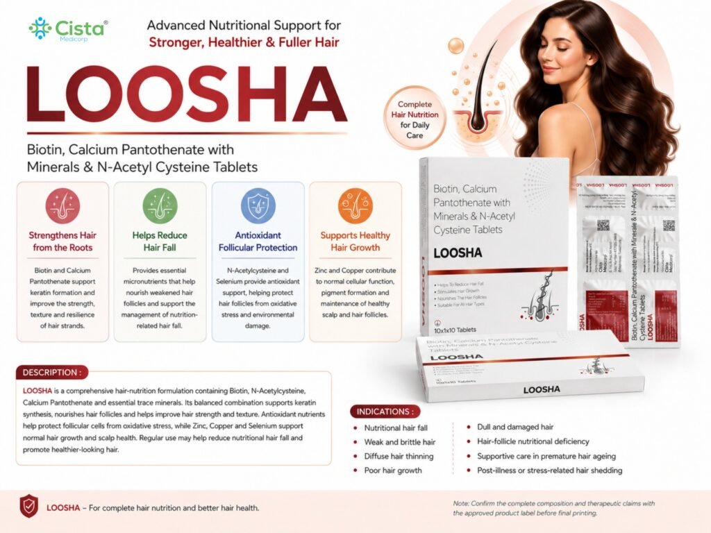 Each film coated tablet contains: Biotin IP 10 mg + Acetylcysteine USP 150 mg + Calcium Pantothenate IP 30 mg + Sodium Selenite USP equivalent to Elemental Selenium 100 mcg + Cupric Oxide equivalent to Elemental Copper 3 mg + Zinc Sulphate IP 20 mg + L-Methionine USP 50 mg + Folic Acid IP 400 mcg - Loosha