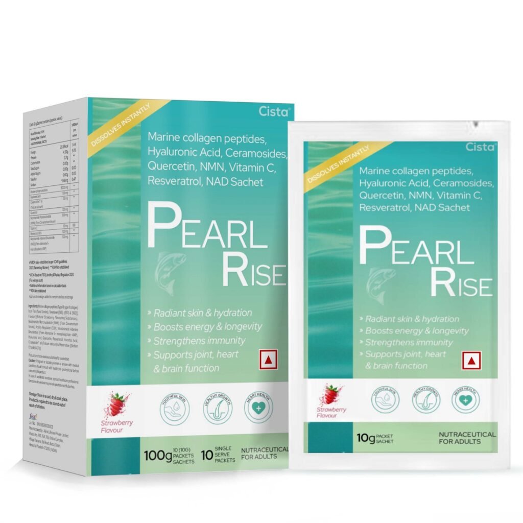 Marine collagen peptides, Hyaluronic Acid, Ceramosides, Quercetin, NMN, Vitamin C, Resveratrol, NAD Sachet - Pearl Rise