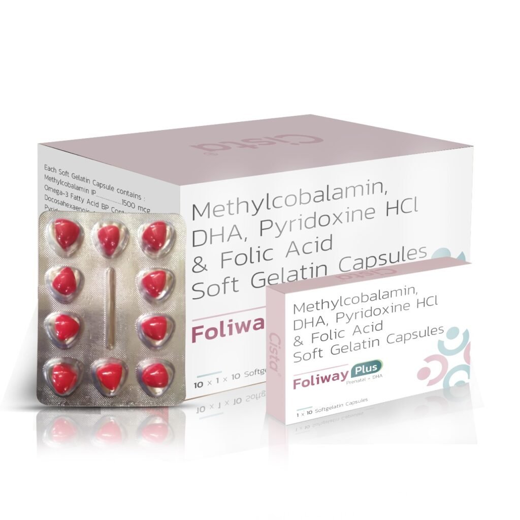 Methylcobalamin IP 1500 mcg + Docosahexaenoic Acid 40% 200mg + Pyridoxine HCL 1.5mg + Folic Acid IP 5 mg - Foliway Plus (Prenatal+Dha)