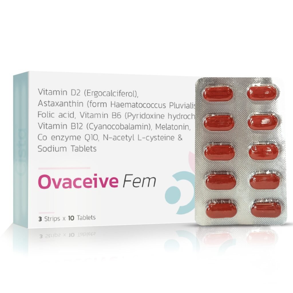 Vitamin D2 (Ergocalciferol) 600 IU Astaxanthin 4mg Folic Acid 110 mcg Vitamin B6 2.40mg (Cyanocobalamin) Melatonin 2mg Co enzyme Q10 100 mg N -acetyl L-cysteine 300 mg Sodium 6.82mg - Ovaceive Fem