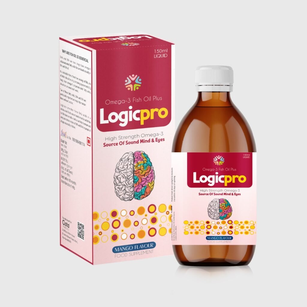 Omega 3 fatty acid 600 mg, EPA 250 mg, DHA 190 mg Excipients q.s (Mango Flavour) (Glass Bottle) - Logic-Pro
