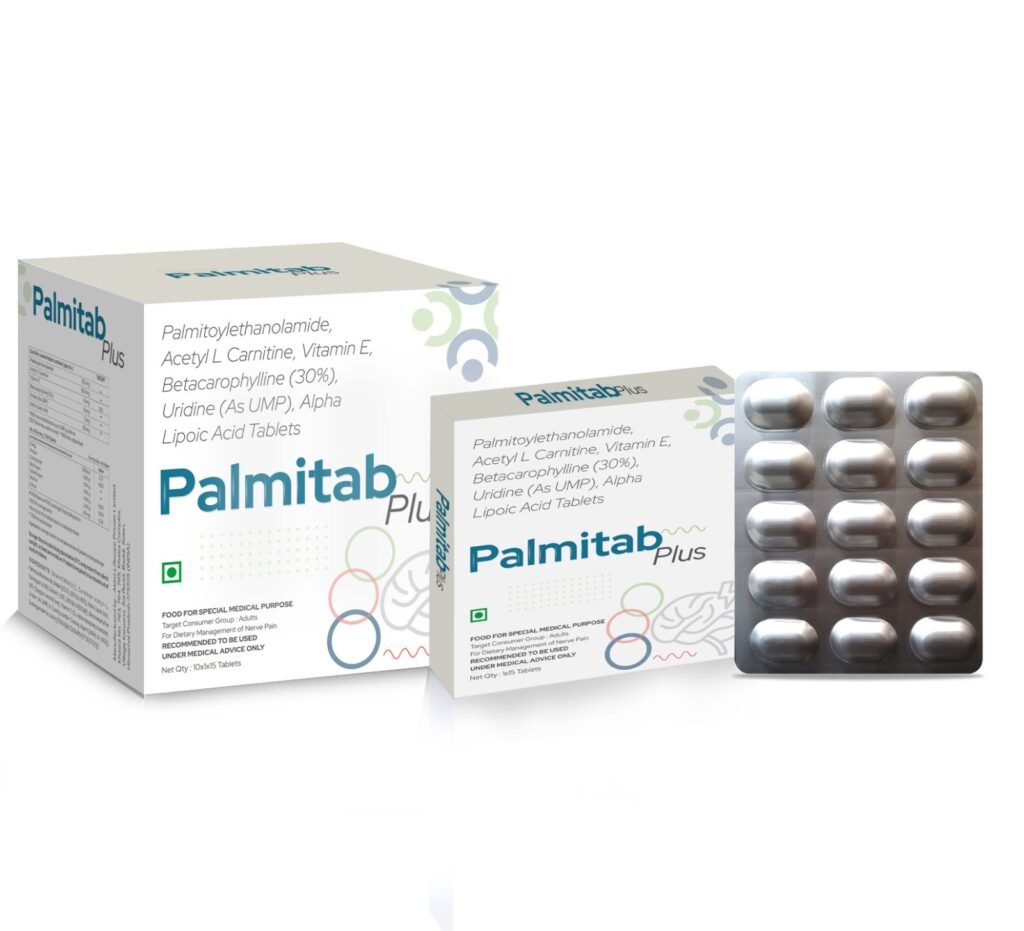 Palmitoylethanolamide 150 mg , Acetyl L Carnitine 300 mg, Vitamin E 10 mg , Betacarophylline (30%) 10 mg ,Uridine (As UMP) 5 mg , Alpha Lipoic Acid 50 mg - Palmitab-Plus