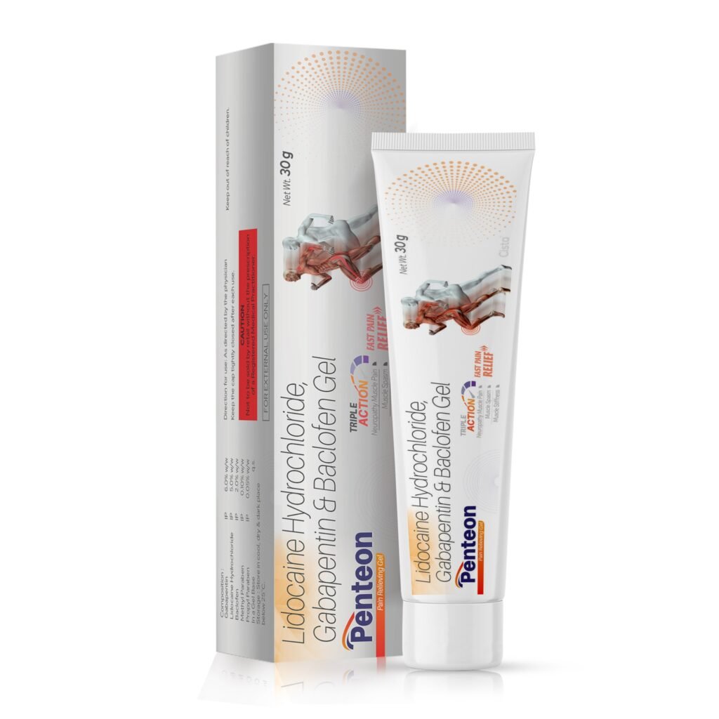 Each gm contains: Gabapentin IP 6.0 % w/w + Lidocaine Hydrochloride IP 5.0 % w/w + Baclofen IP 2.0 % w/w + Methylparabe n IP 0.10 % w/w + Propylparaben IP 0.05 % w/w In a gel base - Penteon Gel