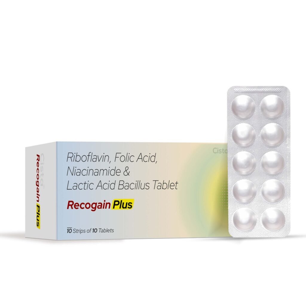 Riboflavin IP 10mg + Folic Acid IP 1.5mg + Niacinamide IP 100mg + Lactic acid bacillus 60 million spores - Recogain-Plus