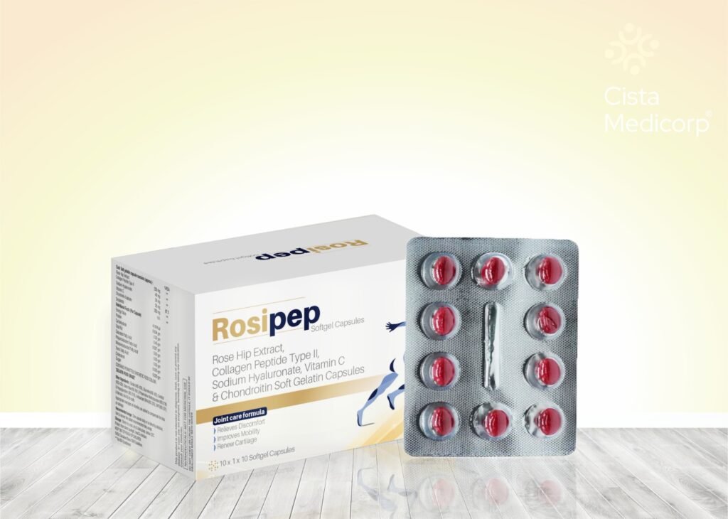 Rosehip extract 250 mg + Collagen Peptide 40 mg+ Sodium Hyaluronate 30 mg + Vitamin C 35 mg + Chondroitin 200 mg - Rosipep