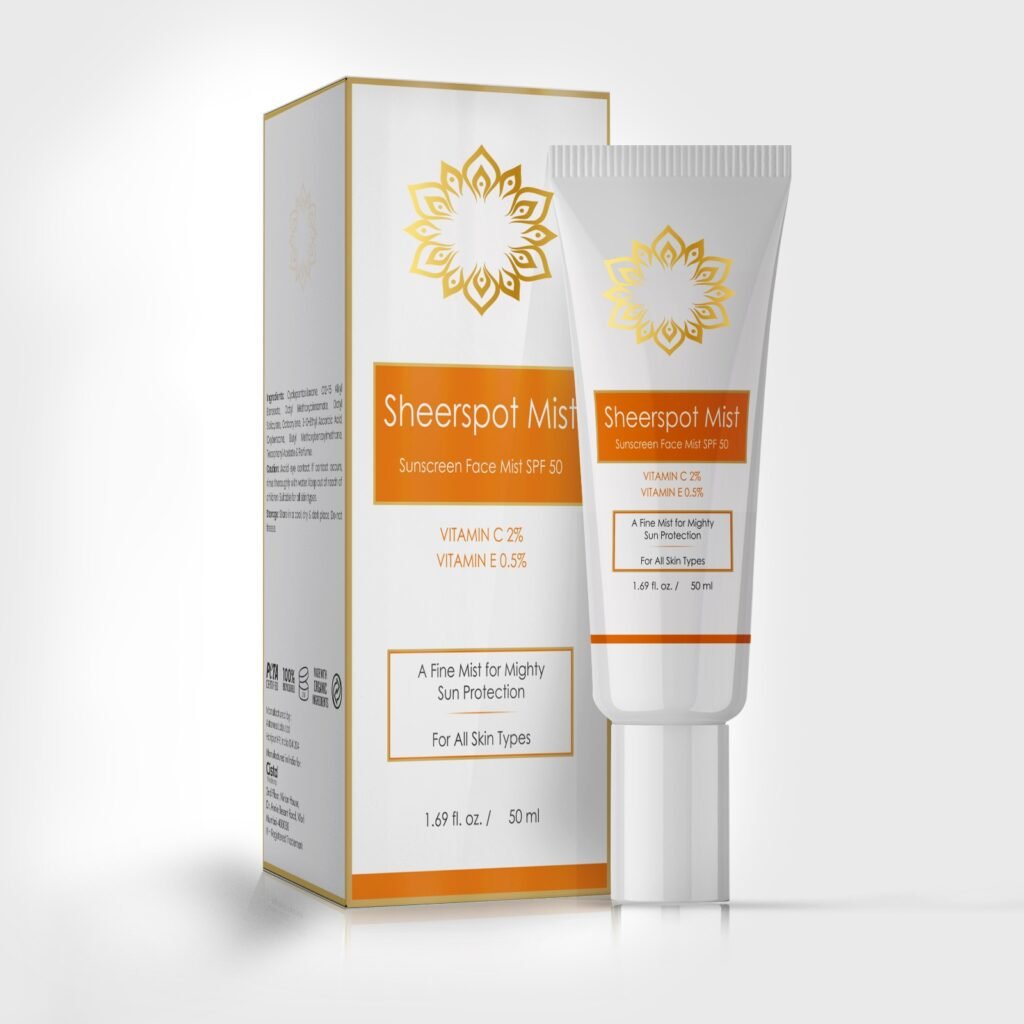 Vitamin C 2%, Vitamin E 0.5%, Cyclopentasiloxane, C12-15 Alkyl Benzoate, Octyl Methoxycinnamate, Octyl Salicylate, Octocrylene, Oxybenzone, Butyl Methoxybenzoylmethane, Tocopheryl Acetate & Perfume. - Sheerspot Mist