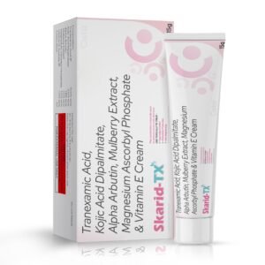 Composition: Tranexamic Acid IP 10.0% w/w + Kojic Acid Dipalmitate 2.0% w/w + Alpha Arbutin 1.5% w/w + Mulberry Extract 1.0% w/w + Magnesium Ascorbyl Phosphate 1.0% w/w + Vitamin E Acetate IP 1.0% w/w – Skarid-TX — Composition: Tranexamic Acid IP 10.0% w/w + Kojic Acid Dipalmitate 2.0% w/w + Alpha Arbutin 1.5% w/w + Mulberry Extract 1.0% w/w + Magnesium Ascorbyl Phosphate 1.0% w/w + Vitamin E Acetate IP 1.0% w/w — Cream
