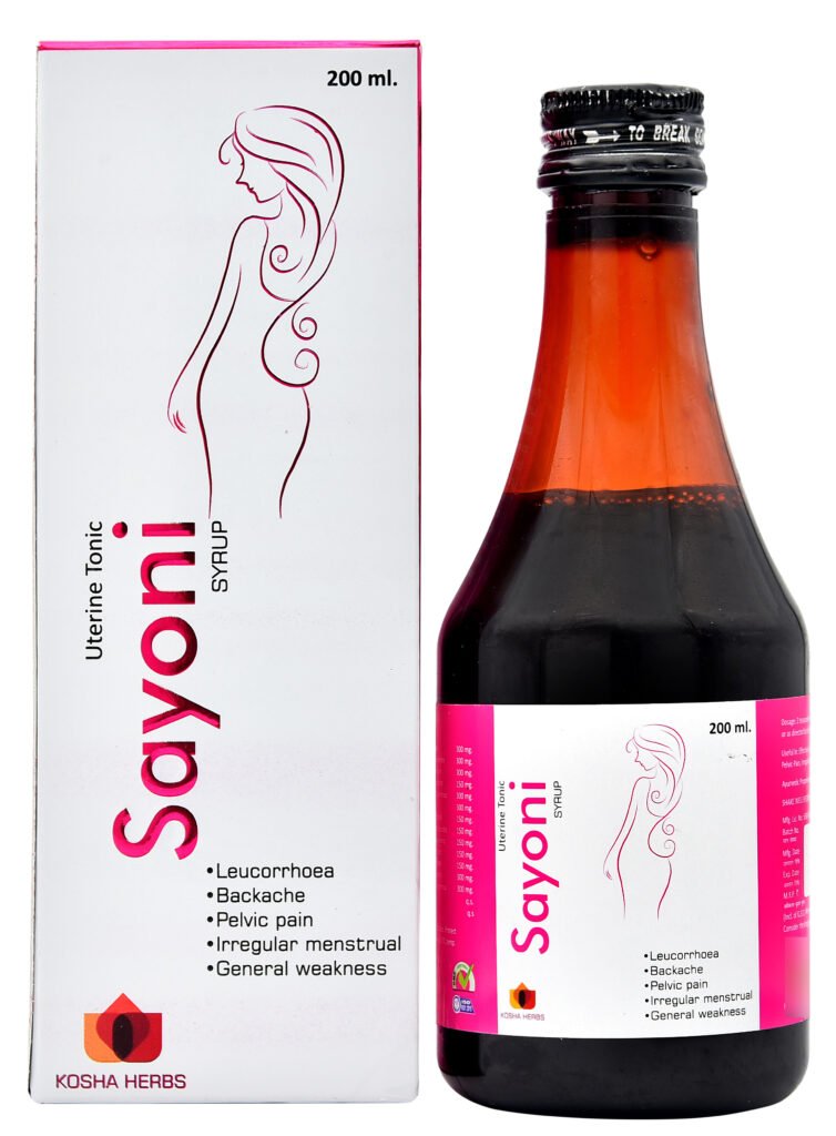 A Unique Proprietary Uterine Tonic (Composition: Each 10 ml contains: Ashok Chal Saraca indica 300 mg. Ashwagandha Withania somnifera 300 mg. Anar Chal Punicugrenatum 300 mg. Maju Quercus infactoria 150 mg. Satavari Asparagus rasemesus 300 mg. BalaSida Cordifolia 300 mg Saunth Zinzibar officinale 150 mg Safed Musli Asparagus adscendes 150 mg. Patha Cissampelas pareira 150 mg. Daruhaldi Barberis aristata 150 mg Makoy Solanum nirgum 150 mg Nagar Motha Cyperus rotundus 300 mg Lodhra Symelocos racemosu 300 mg. - Sayoni
