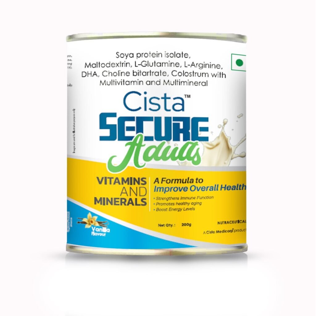Soya protein isolate, Maltodextrin, L-Glutamine, L-Arginine, DHA, Choline bitartrate, Colostrum with Multivitamin and Multimineral (Vanilla Flavour) - Cista Secure Adults