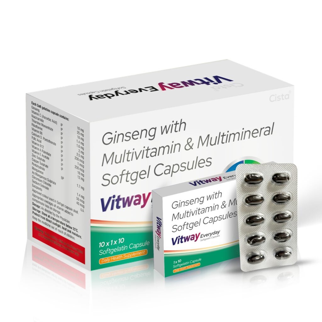 Ginseng 10mg + Vitamin C (Ascorbic Acid) 25mg + Niacinamide 18mg + Thiamine Mononitrate 1.4mg + Riboflavin 1.6 mg + Vitamin B6 2mg + Calcium D. Pantothenate 2.5mg + Folic Acid 200mcg + Vitamin B12 1mcg + Vitamin A Palmitate 200mcg + Vitamin E Acetate 10mg + Zinc Sulphate 12mg + Copper Sulphate Pentahydrate 1.7mg + Manganese As Manganese Suphate 1.4mg + Chromium Chloride 50mcg + Sodium Selenate 40mcg - Vitway Everyday