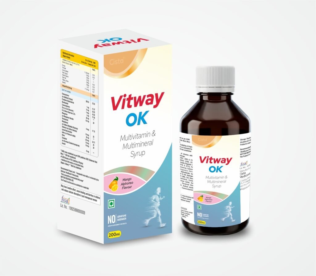 (Multivitamin & Mulltivitamin Syrup) Each 5 ml contains: Cholecalciferol 200 IU (as Stabilized) (Vegan) 1 mg Pyridoxine Hydrochloride 15 mg Nicotinamide 1 mcg Cyanocobalamin 3 mg Zinc (as Zinc Gluconate) 38 mg B-Carotene dispersion 2.5% 0.8 mg Manganese (as Manganese Chloride Tetrahydrate) Molybdenum 8 mcg (as Sodium Molybdate Dihydrate) Selenium (as Sodium Selenate) 10 mcg Lysine Hydrochloride 30 mg lodine (as Potassium iodide) 50 mcg Biotin 10 mcg Chromium 10 mcg (as Chromium Chloride Hexahydrate) Inositol 10 mg - Vitway OK