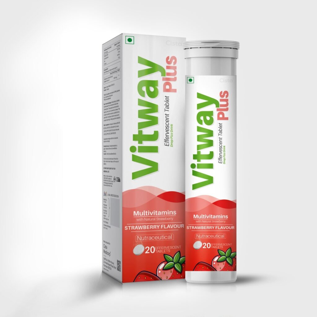 Beta vulgaris 10mg + Vitamin C 40mg +Vitamin B3 18 mg + Vitamin E 10mg + Zinc 10mg + Magnsium 3mg + Vitamin B5 3mg + Vitamin B2 1.6 mg + DHA (Algae Source) 100mg + Vitamin B1 1.4mg + Vitamin B6 1mg + Vitamin A 600 mcg + Manganese 250 mcg + Folic Acid 100 mcg + Iodine 100 mcg + Biotin 30mcg + Copper 30mcg +Selenium 30 mcg + Chromium 25 mcg + Vitamin D3 5mcg (STRAWBERRY FLAVOUR) - Vitway Plus