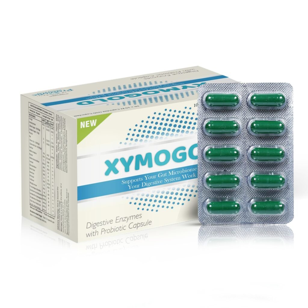 Alpha Amylase 170,000, Papain 6000, alpha Galactosidase 450, Lactase 1000, Glucoamylase 45,Dried Yeast 25, Invertase 200, Protease 50000, Cellulase 1000, Betaglucanase 30, Fructooligosaccharides (FOS) 100, Saccharomyces Boulardii 50, Lactobacillus Sporogenes 50, Streptococcus Faecalis, Clostridium Butyricum, Bacillus Mesentricus, Betaglucanase - Xymogold