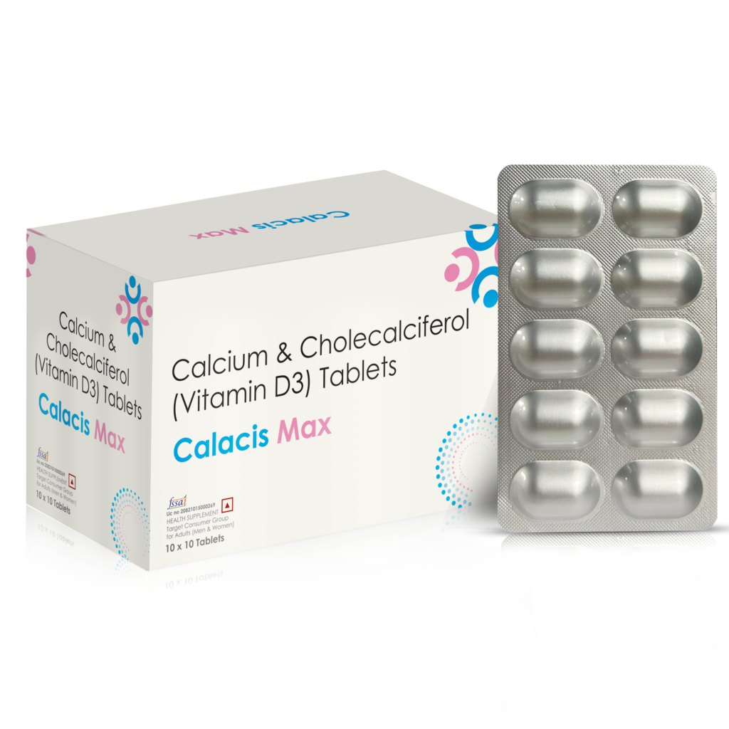 Calcium Carbonate 500mg choleccalcifer ol (Vitamin D3) 15mcg HEALTH SUPPLEMENT for Adult (Men & Women) – Calacis-Max — Calcium Carbonate 500 mg Cholecalciferol (Vitamin D3) 15 mcg HEALTH SUPPLEMENT for Adult (Men + Women) — Tablets